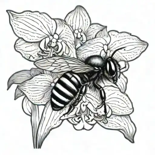 Bee flying to orchids tattoo design idea