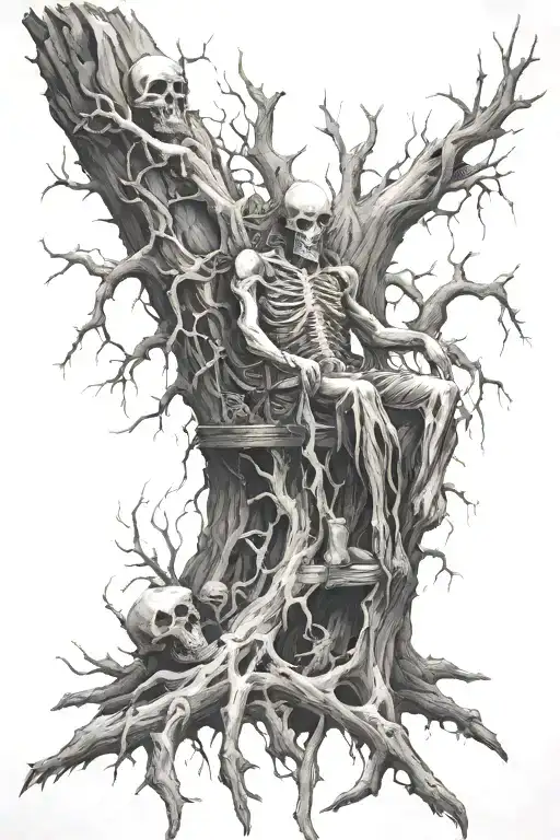 dead tree with decaying throne and dead corpse tattoo design idea