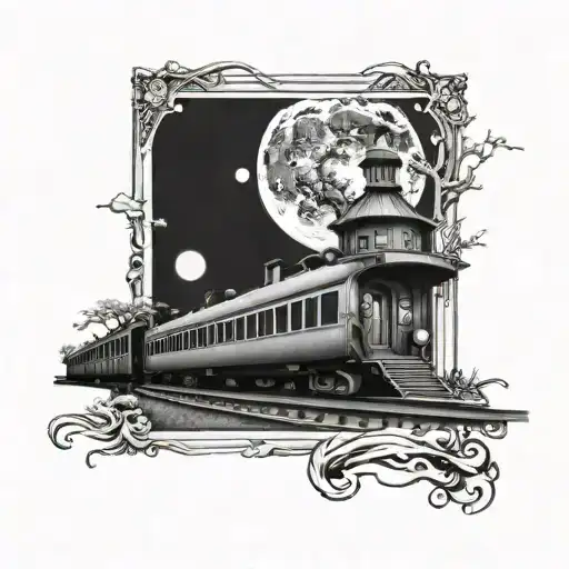 neverland train station under a moon  tattoo design idea