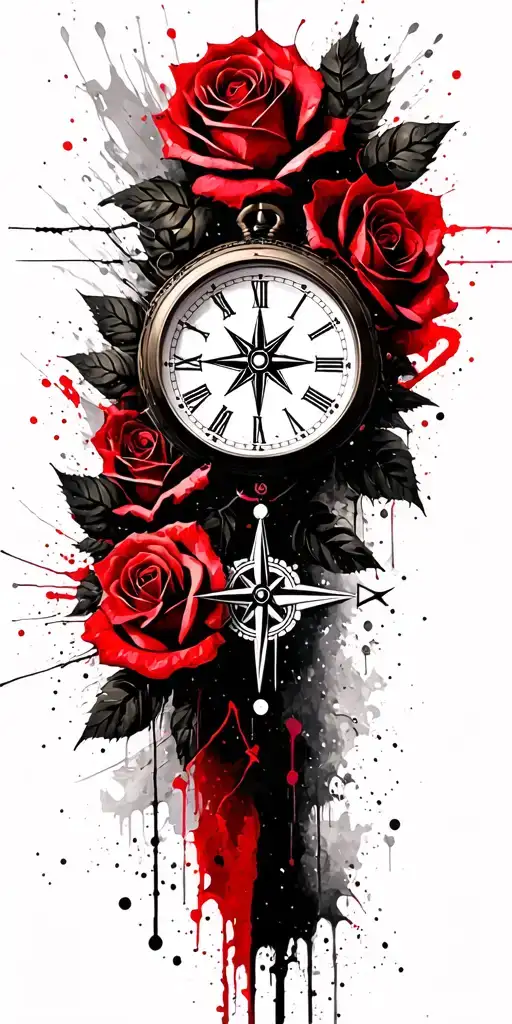 clock and roses and nautical compass tattoo design idea