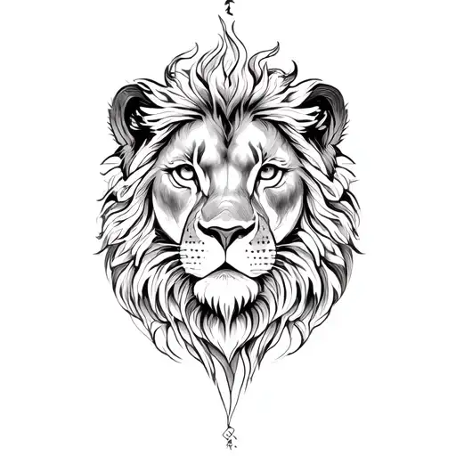 A detailed blackwork tattoo of a lion in the woods tattoo design idea