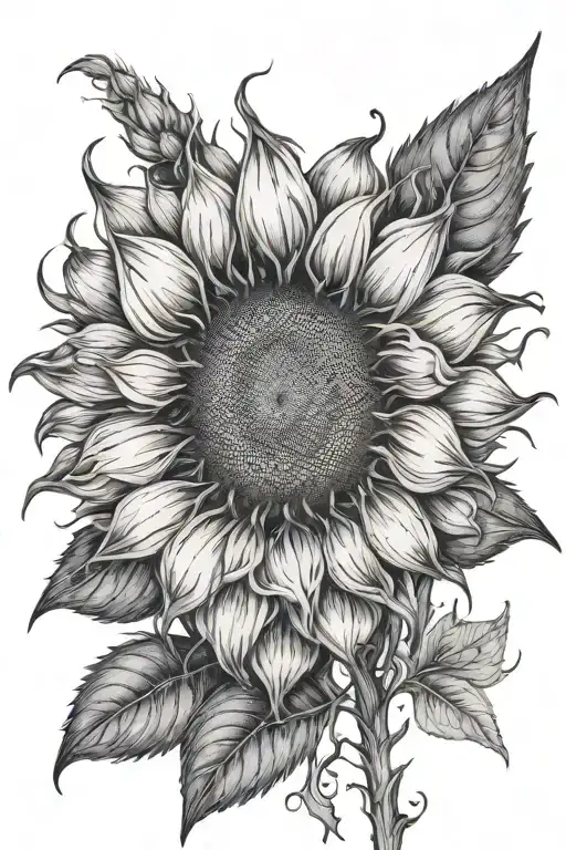 wilting sunflower with wispy smoke details around, fine line with a bit of shading tattoo design idea