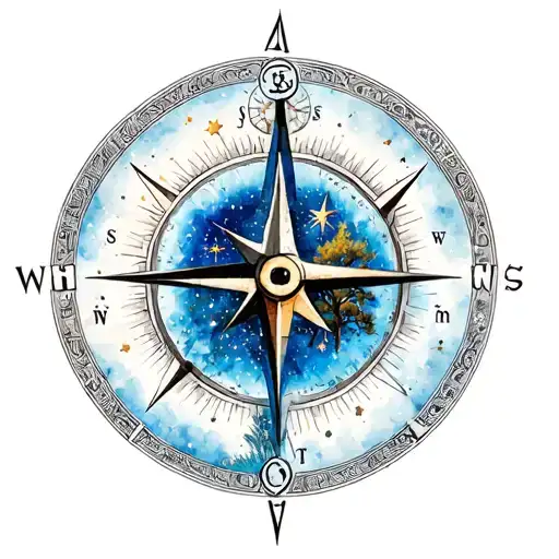 Aries, leo, virgo, Sagittarius constalation stars with compass and tree tattoo design idea