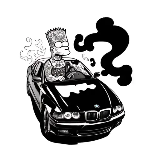 adult tattooed Bart Simpson driving a BMW and smoking weed tattoo design idea