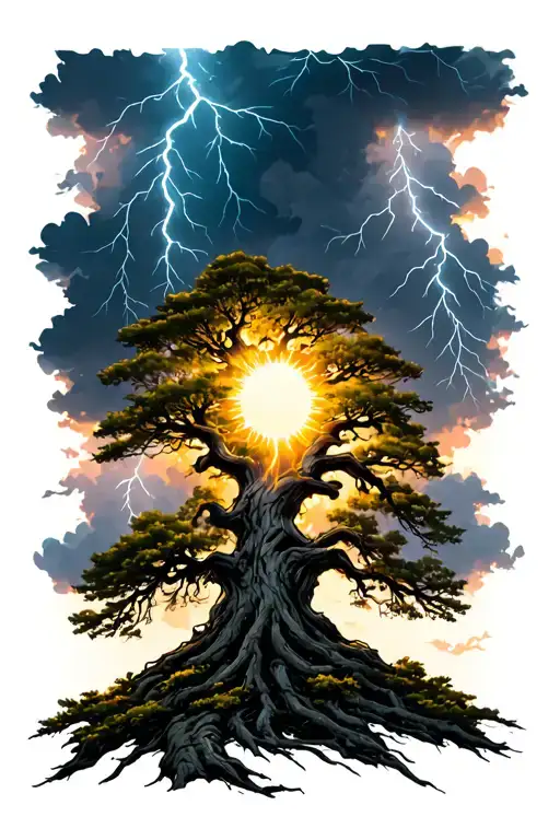 a sun shining through storm clouds with lightning bolts over a large tree tattoo design idea