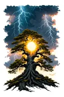 a sun shining through storm clouds with lightning bolts over a large tree tattoo design idea