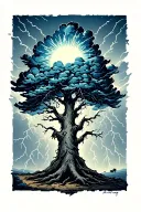 a sun shining through storm clouds with lightning bolts over a large tree tattoo design idea