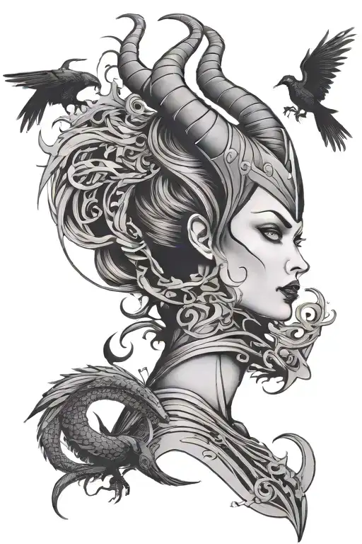 Maleficent with crow and dragon in the background tattoo design idea