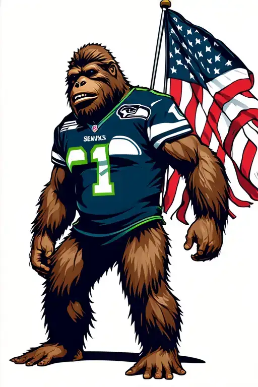 bigfoot wearing seahawks jersey, carrying american flag tattoo design idea