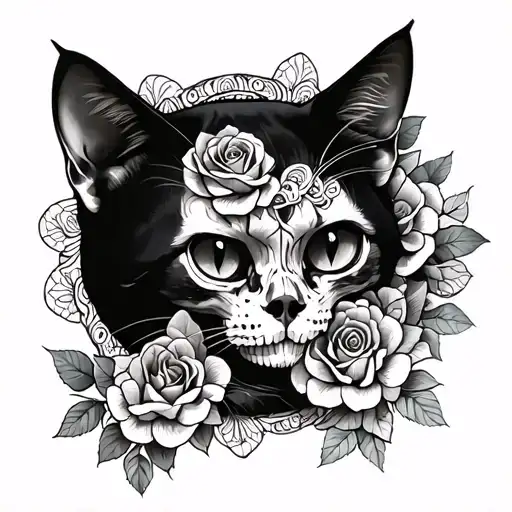 cats roses skull mandala oriental tattoo design idea