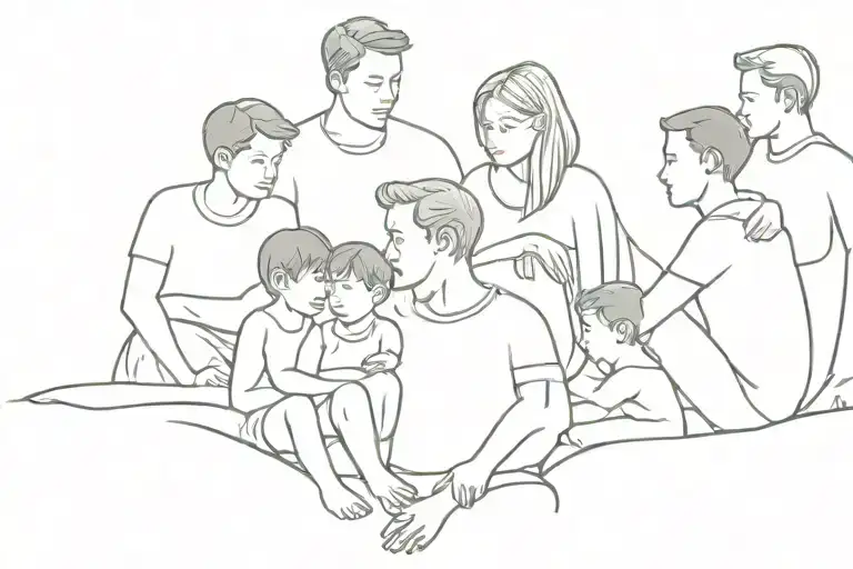 Create a tattoo design depicting a family sitting from left to right: two sons, a father, a mother, a son, and a daughte tattoo design idea