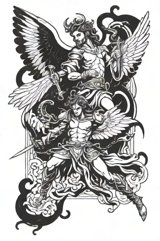 Archangel Lucifer vs Miguel, Gabriel and Raphael tattoo design idea