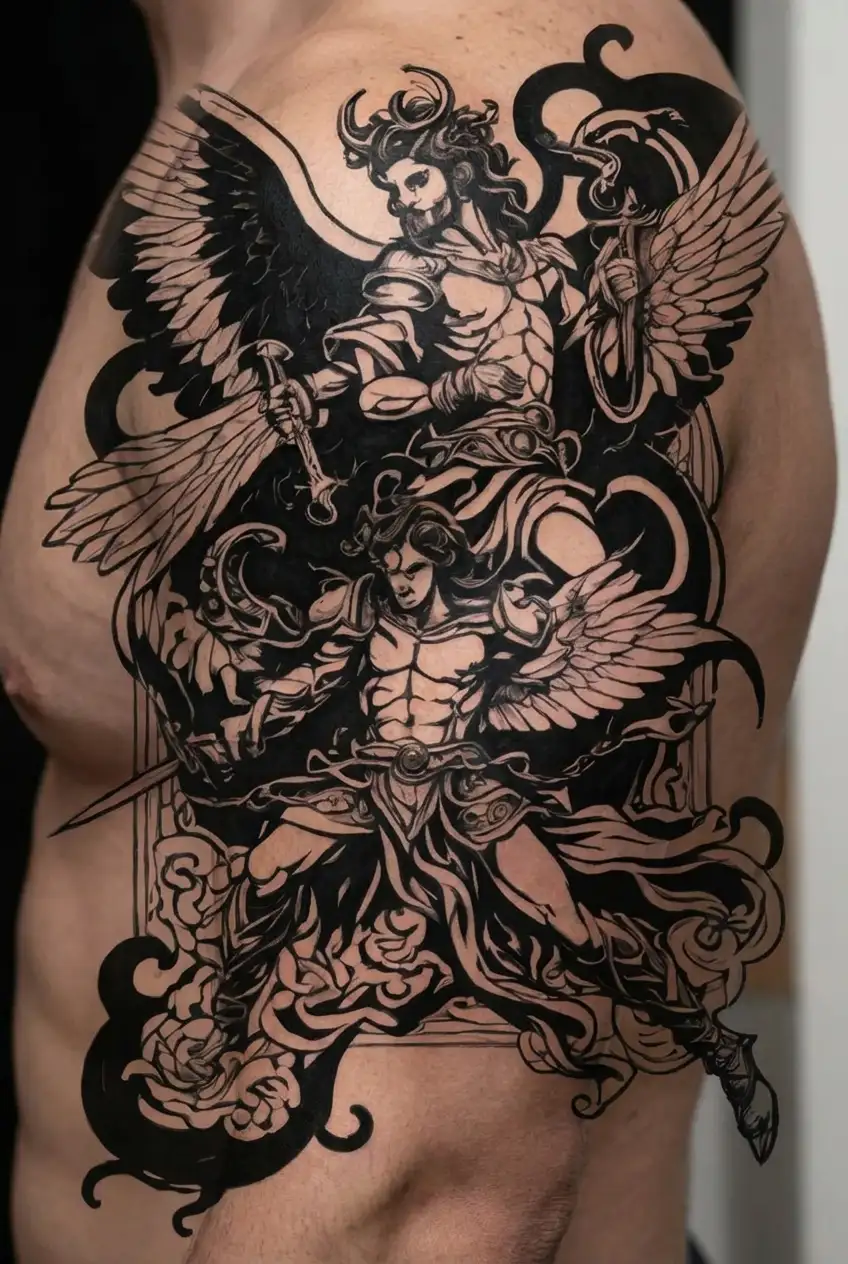Archangel Lucifer vs Miguel, Gabriel and Raphael tattoo design idea