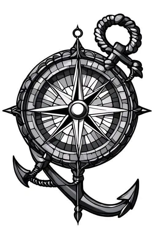Stained glass compass rose and anchor in modern nautical theme tattoo design idea
