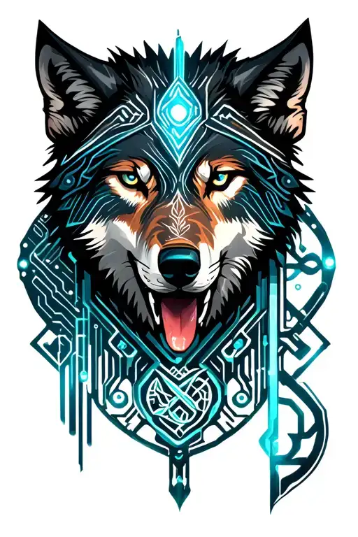 wolfs head surounded by native american and celtic symbols tattoo design idea