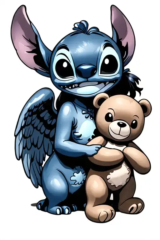 lilo and stitch with angel and teddy bear holding tattoo design idea