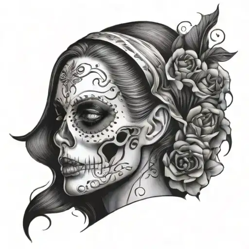 top half face lower half skull woman tattoo design idea