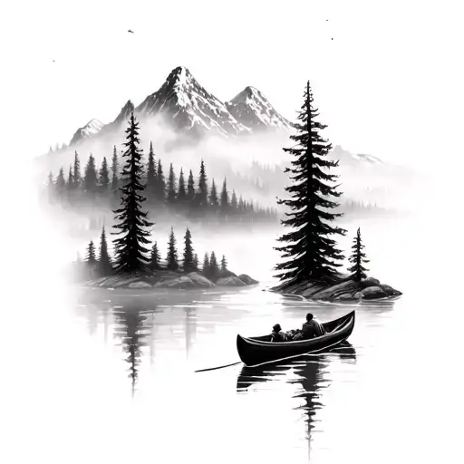 canoe in a river running through mountains in fog tattoo design idea