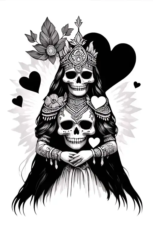 Aztec skull princess holding hearts tattoo design idea