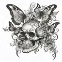 skull vines butterflies flying tattoo design idea