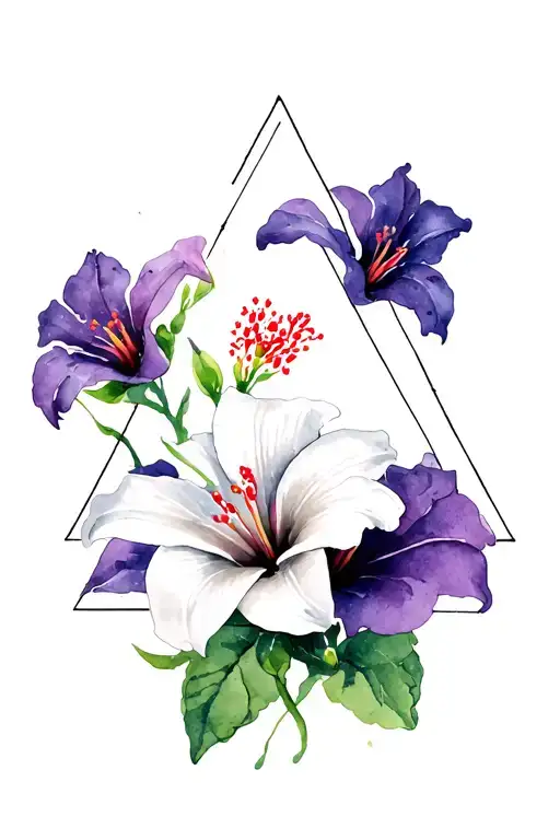 Black triangle with white lily and purple hibiscua tattoo design idea