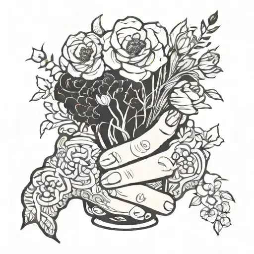 Hand broken into pieces, fingers dis attached, vase of trippie flowers  tattoo design idea