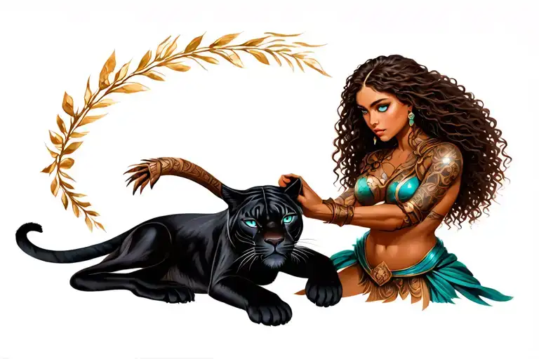 female warrior with long brown curly hair, brown skin and blue eyes petting a black panther like it is her spirit guide tattoo design idea