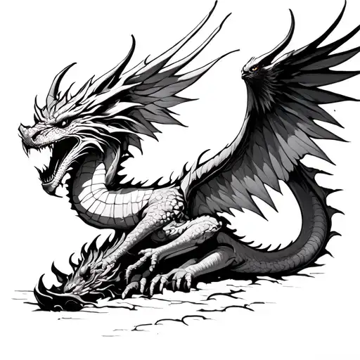 dragon falling dead with phoenix rising from it tattoo design idea