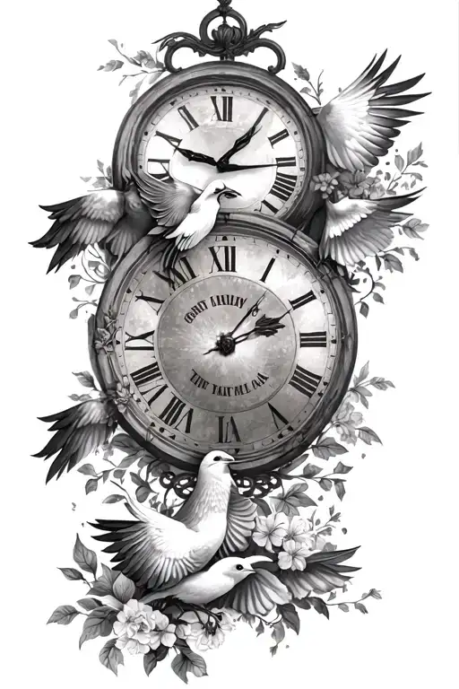 one big clock with three different birth dates with 3 doves tattoo design idea
