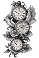 one big clock with three different birth dates with 3 doves tattoo design idea