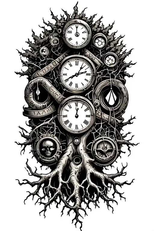 harley engine, midevil tree of life with roots , clock and libra scale intertwined  tattoo design idea