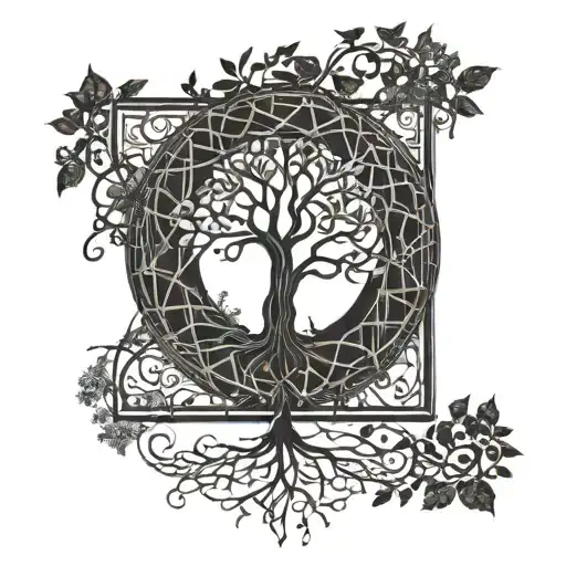 A blackwork tattoo of a tree of life with musical notes and spider webs intertwined in the branches, symbolizing your connection to nature, music, and favorite things. tattoo design idea