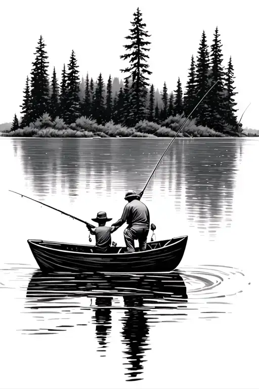 dad and son fishing on a lake in a boat tattoo design idea