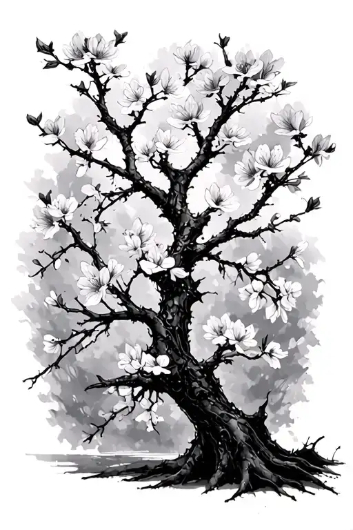 dark tree branch sakura flowers tattoo design idea