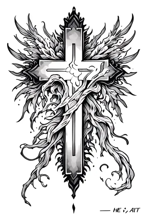 a cross with He>I running through it with a verse or babile word down the side with some complexity tattoo design idea