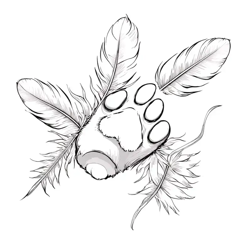 cat paw and feather tattoo design idea