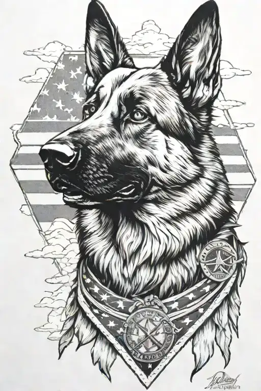 A detailed black and grey portrait of a german shepherd service dog mountain scene and American flag medic alert tattoo design idea