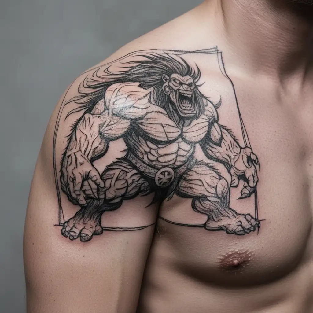 native american chief hulk monster roaring full body tattoo design idea