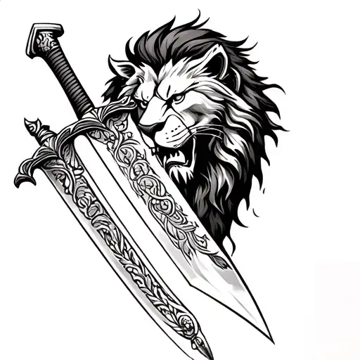A detailed sword with a lion's head as the hilt, symbolizing the fighter's connection to strength and bravery tattoo design idea