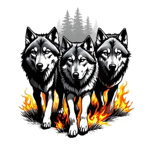 three wolves walking together out a forest on fire tattoo design idea