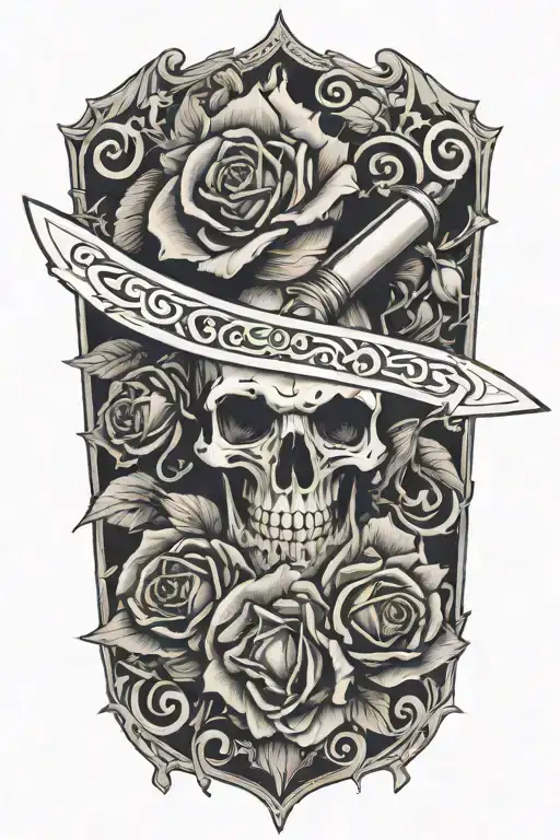 A dagger piercing through a rose, with playing card suits (hearts, spades, etc.) etched onto the blade. The design could tattoo design idea