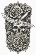 A dagger piercing through a rose, with playing card suits (hearts, spades, etc.) etched onto the blade. The design could tattoo design idea