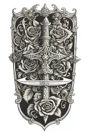 A dagger piercing through a rose, with playing card suits (hearts, spades, etc.) etched onto the blade. The design could tattoo design idea
