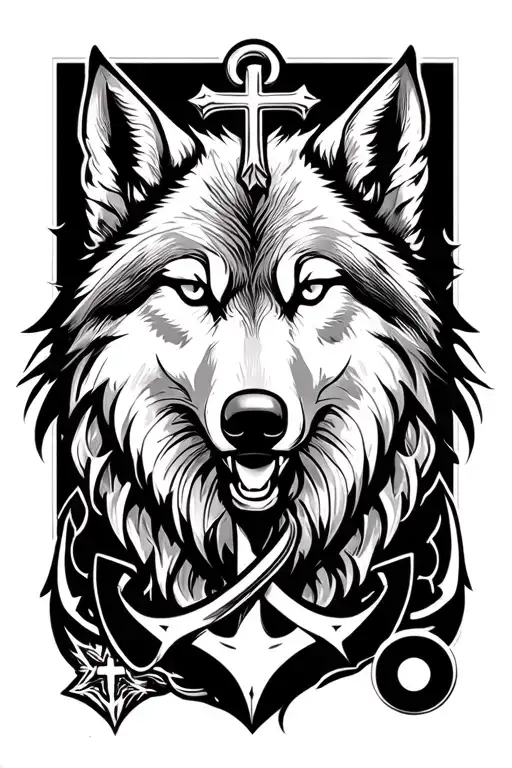 wolf with anchor and cross and semicolon incorporated tattoo design idea