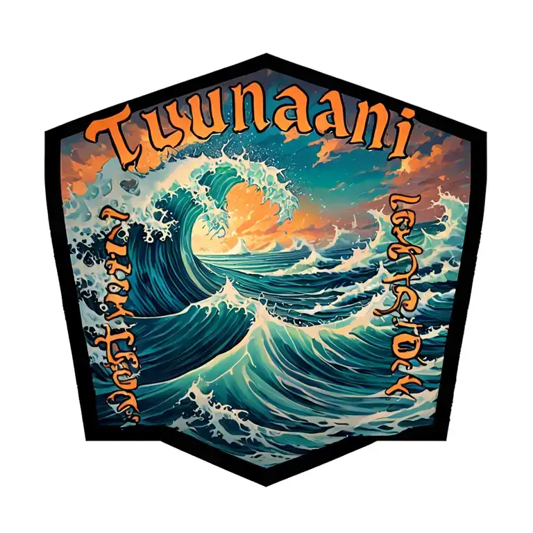 Back tattoo that says "tsunami" down spine with Ocean Waves on the lower back tattoo design idea