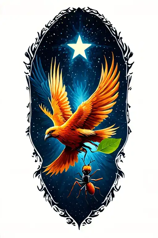 a phoenix flying under a philant star brings a leaf of lorium in its beak to a single ant tattoo design idea