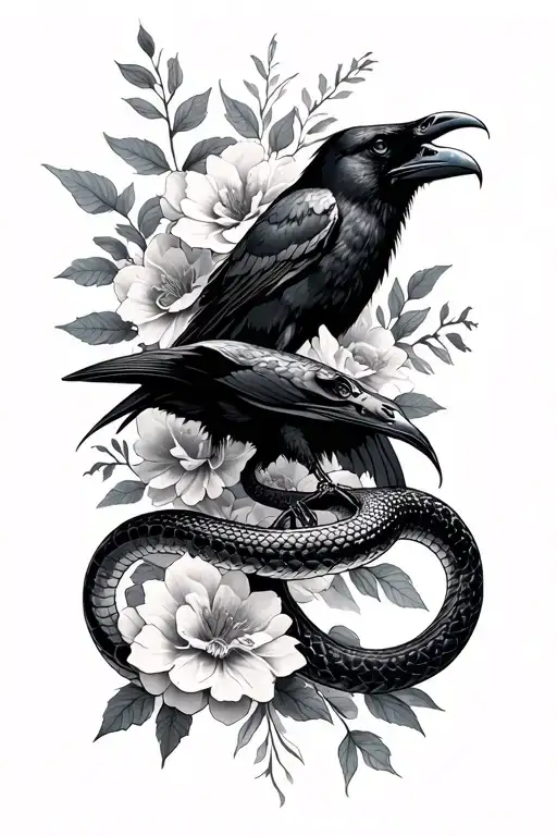 floral arm sleeve with a snake and raven  tattoo design idea