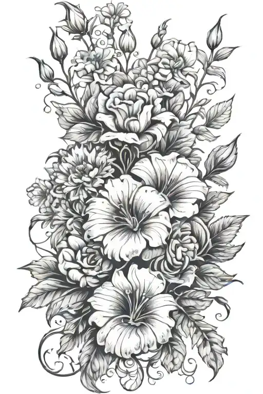 Floral arrangement with Aster focus, morning glory, carnation, and snowdrop flowers with vines. tattoo design idea