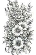 Floral arrangement with Aster focus, morning glory, carnation, and snowdrop flowers with vines. tattoo design idea