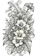 Floral arrangement with Aster focus, morning glory, carnation, and snowdrop flowers with vines. tattoo design idea